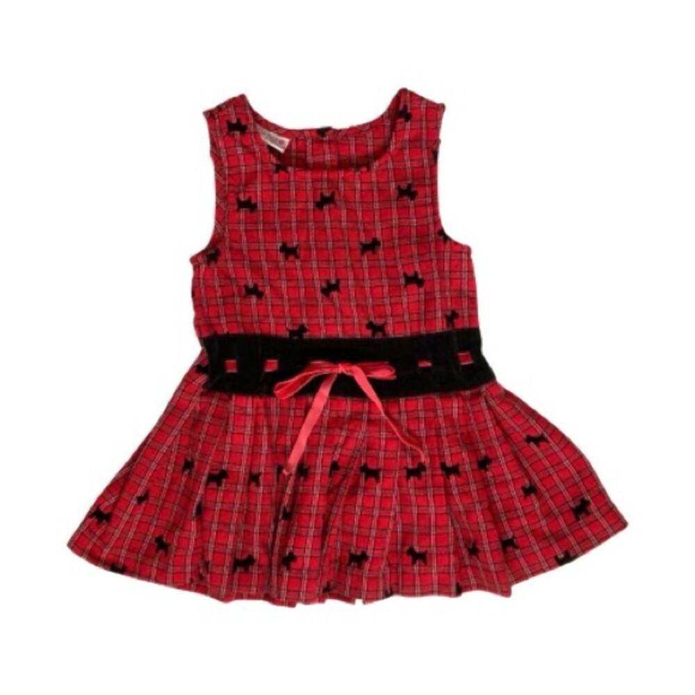 Samantha Says Red Tartan Plaid Velvet Scottie Dogs Button Back Tie Formal Dress